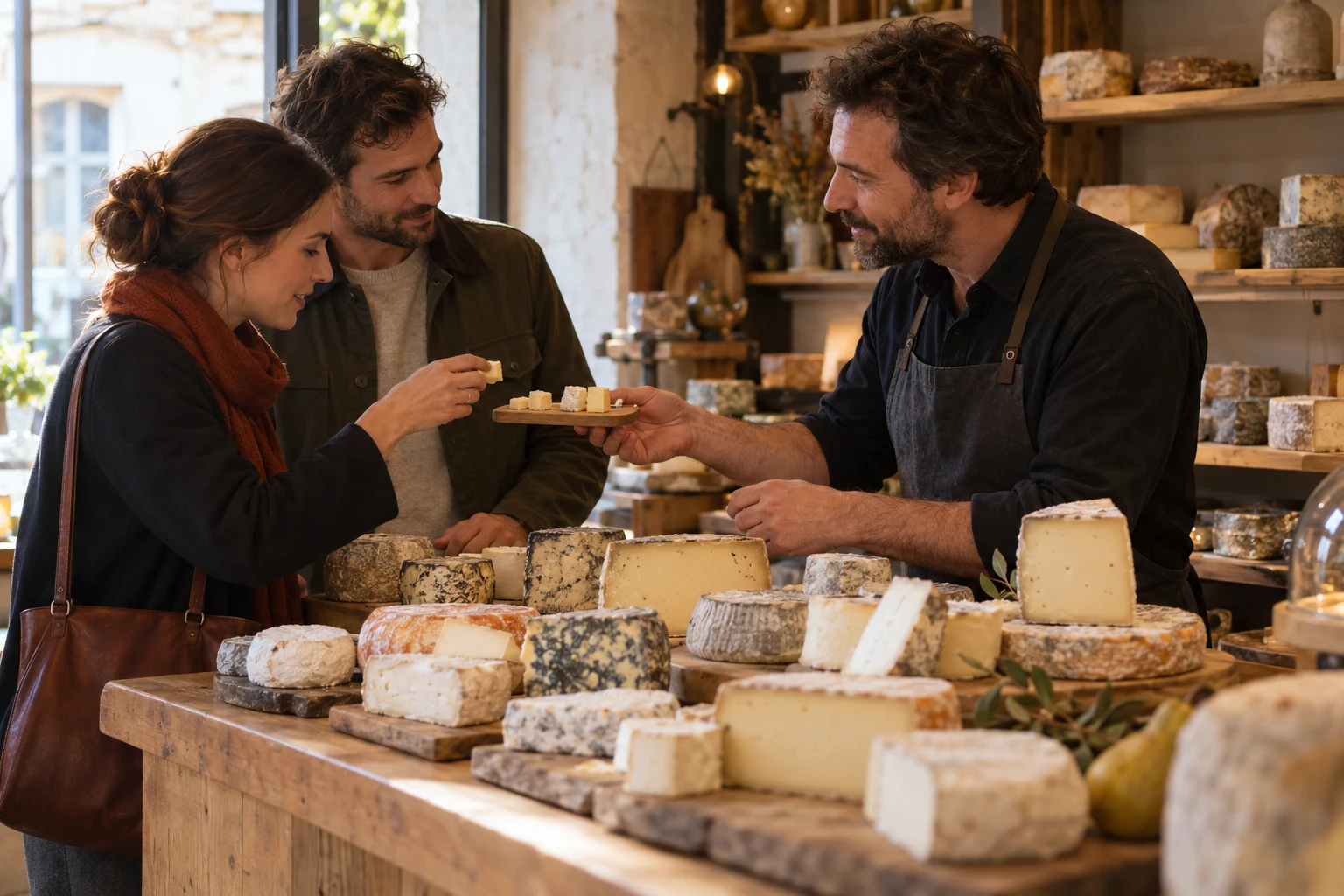 Deux gourmets découvrent un fromage avec les conseils d’un fromager en boutique.
