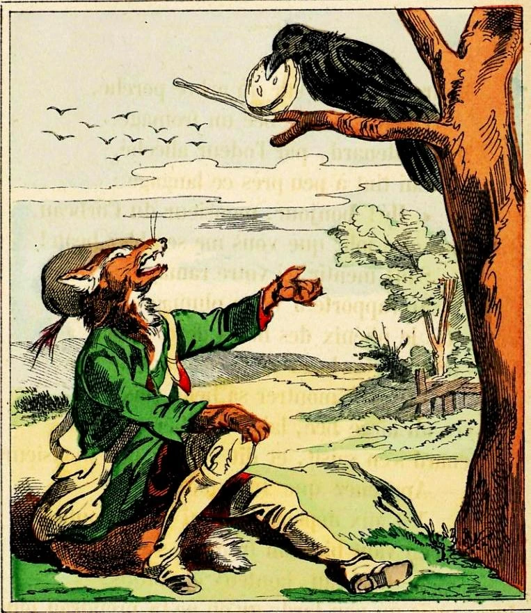 Illustration d’Épinal : le renard en habit s’adresse au corbeau perché avec son fromage